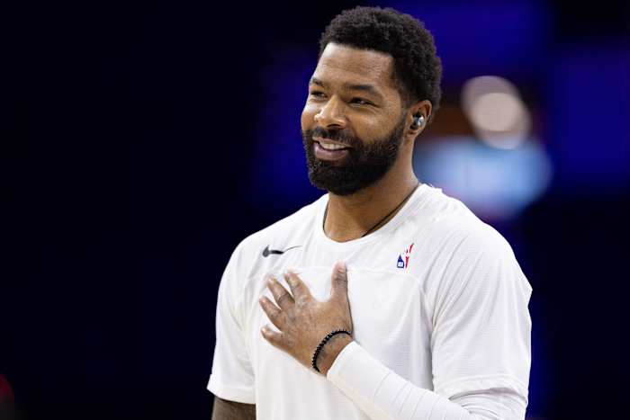 Nov 2, 2023; Philadelphia, Pennsylvania, USA; Philadelphia 76ers forward Marcus Morris Sr. before a game against the Toronto Raptors at Wells Fargo Center. Mandatory Credit: Bill Streicher-USA TODAY Sports